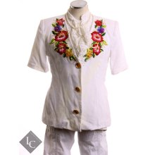 Vintage 1980's White Short Sleeved Blazer with Shoulder Pads Flower Detail Sz M