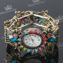 Vintage Bronze Multicolor Crystal Flower Watch Hinged Bracelet Bangle Style Gift