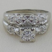 Vintage Diamond Ring Set, 14 Karat White Gold, 2 Matching Rings, Size 5
