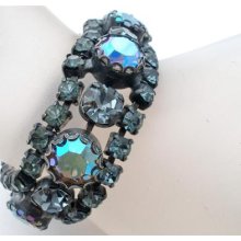 Vintage Rhinestone Bracelet Regency Blue High End Aurora Borealis Prong Set