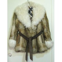 Vintage Suede Belt & Pocket Trim Rabbit Fur Jacket With Lamb Fur Collar & Cuffs