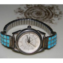 ViNTaGe TURQUOISE WATCH STeRLiNG SiLVeR EXPaNDaBLe STRETCHY BaND