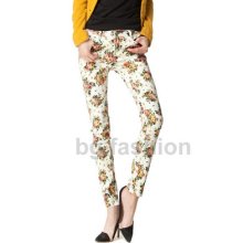 Vintage Women Floral Print Skinny Small Feet Stretch Pencil Pant Trouser Jeans