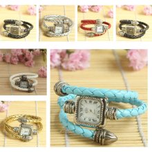 Vintga Snake Style Leather Bangle Bracelet Quartz Wrist Watch Square Dial Gift