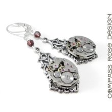 Watch Movement Earrings, Steampunk Earrings Victorian Lace Mechanical Clockwork - Silver & Burgundy Crystal