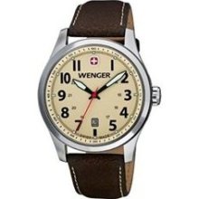 Wenger Mens Terragraph Analog Stainless Watch - Brown Leather Strap - Beige Dial - 0541.106