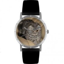 Whimsical Watches R0120031 Scottish Fold Cat Black Leather And Silvertone Photo Watch