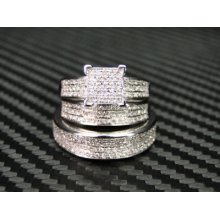 White Diamond Wedding/engagement Bridal Ring 14k White Gold 3 Piece/trio Sets