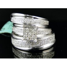 White Gold Finish Ladies Mens Wedding Band Engagement Diamond Trio Set