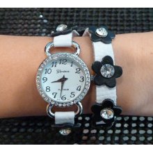White Leather Wrap Watch with Black Flowers and Clear Crystal beads