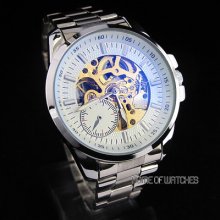 White Mens Transparent Dial Stainless Steel Band Automatic Mechanical Watch
