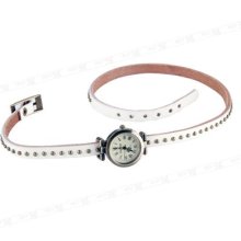 White Retro Leather Rivet Stud Wristband Bracelet Wrist Watch Wristwatch Fashion