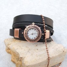 Women leather watch bracelet, Antique copper wrist watch, Multi strap leather watch bracelet