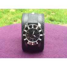 Women's Black Leather Cuff Watch with Rhinestones