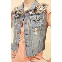 Womens Sequin Bead Chain Denim Sleeveless Outerwear Jean Vest Waist Jacket