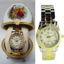 Women's Vecceli Italy Watch Gold Decorated Egg Stainless Steel Diamond Accents d