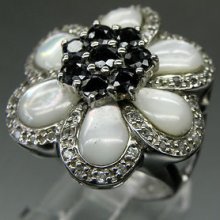 Wow Sterling Silver Genuine Sapp, Mother Of Pearl & White Crystals Flower Ring