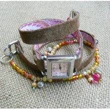 Wrap Watch, Cocoa Leather, Pink and coral beaded watch