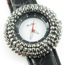 Y126 Sexy Crystal Black Steel Women Wrist Leather Watch