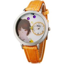 Yellow Women's Round Dial Quartz Analog Watch with Faux Leather Strap