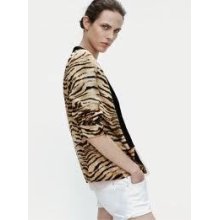 Zara Black Brown Animal Tiger Print Blazer Bloggers Medium 12 M