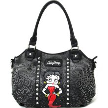 013 Betty Boop Black Embroidered Red Gawn Dual Handle Rhinestones Studs Rhinestone Pockets L Shoulder Bag Handbag Purse