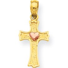 14k Two Tone Gold Budded Cross With Heart Pendant