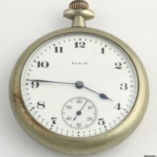 1918 Elgin Open Face 16s Pocket Watch - Silver Tone Non-working Antique