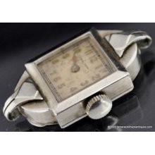1936 Waltham 10k White Rolled Gold Plate Art Deco Square Ladies Watch 9 Jewels