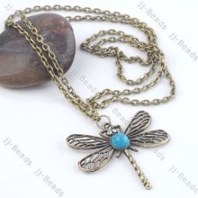 1pc Cyan Oval Bead Bronze Dangle Dragonfly Pendant Necklace Sweater Link Chain