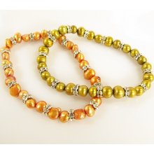 2 Olive Green And Copper Dyed Freshwater Pearl & Rondelle Stretch Bracelets - Multi-Colored - Silver Plated - 7