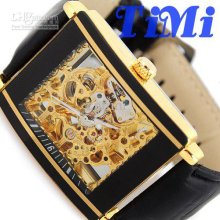 2012 Luxury Full Golden Square Clear Dial Skeleton Automatic Mens Wr