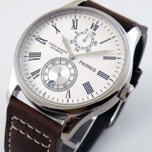 43mm Parnis White Power Reserve Chronometer Date Mens Watch Leather Belts P164a