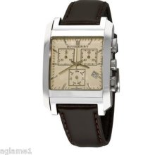 $495 Burberry Bu1565 Square Chronograph Boown Leather Strap Watch