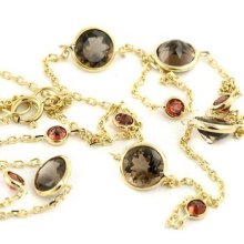 5.40ct Smokey Topaz & Garnet Station Necklace 14k Yellow Gold Chain By The Yard