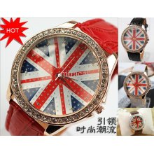 5pcs Uk Flag Crystal Dial Elegant Diamond Men Women Leather Wristwat
