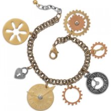 7.5 Inch+1 Inch Gold Tone Fashion Bracelet with Multi Gear and Clock Charms