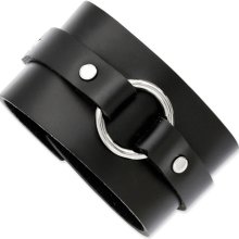 8 3/4in Stainless Steel Wide Black Leather Cuff Bracelet with Buckle