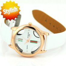 A380 Gir's Wrist Watch Roman Rose Gold Aound Dail Analog Watch White Pu Leather