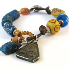 African Trade Bead Bracelet, Leather Bracelet, Apatite Bracelet, Rustic, Sundance Style