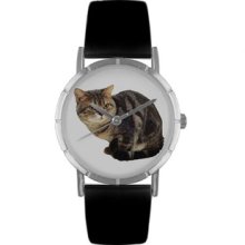 American Shorthair Cat Black Leather And Silvertone Photo Watch