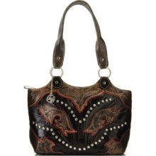American West Applique Detailed Zip Top Leather Tote Bag