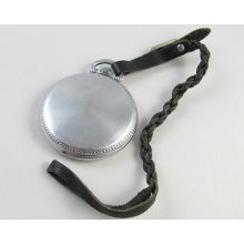 Antique Art Deco chrome mans pocket watch case with leather fob steampunk destash