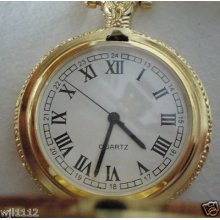 Antique Design Men Quartz Pocket Watch White Dial With Chain Gold Plated Mint
