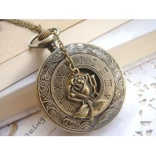 Antique Steampunk Rose Golden Dial Pocket Watch Locket Necklace