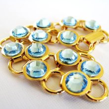 Aqua Rhinestone - 7.5 inch Swarovski Rhinestone Gold Plated Link Bracelet