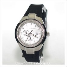 Armani Exchange Womens Silver Crystal Black Silicone Watch Ax5053