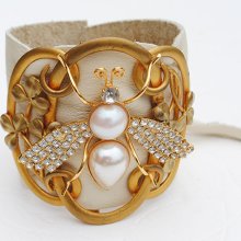 Art Nouveau Brass Clover Leaf Belt Buckle Vintage Faux Pearl Rhinestone Bee Leather Cuff Bracelet