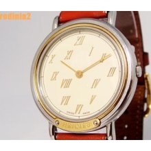 Auth Hermes Womens Roman Index Dial Ss With Brown Leather Band Quartz In Great