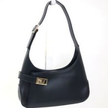 Auth Salvatore Ferragamo Shoulder Bag Leather Navy Aq21 0170(bf044641)